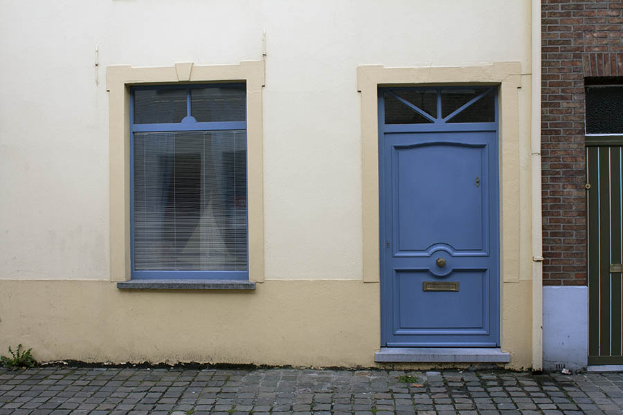 Photo 00131: Panelled, light blue door and window