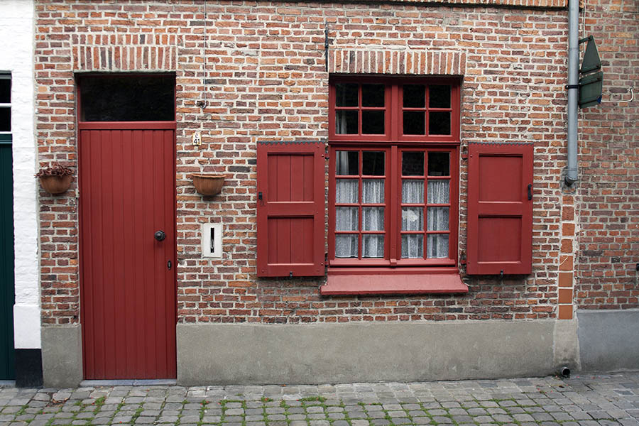Photo 00158: Red door and window with four frames