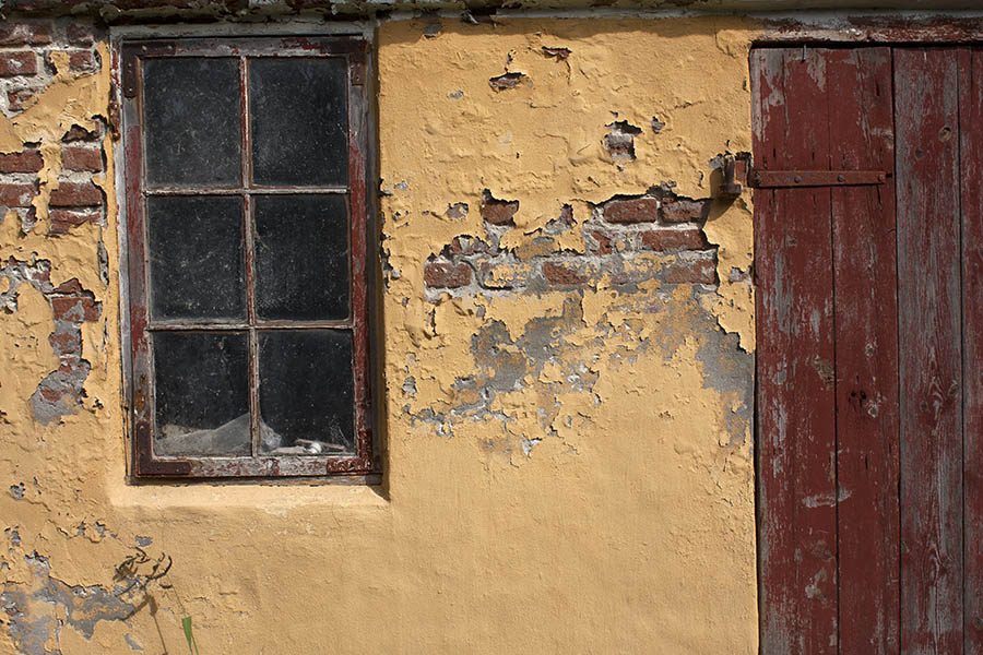 Photo 00448: Decayed, red window and door