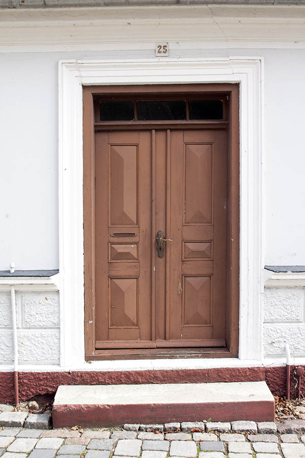 Photo 00465: Panelled, brown double door with top window