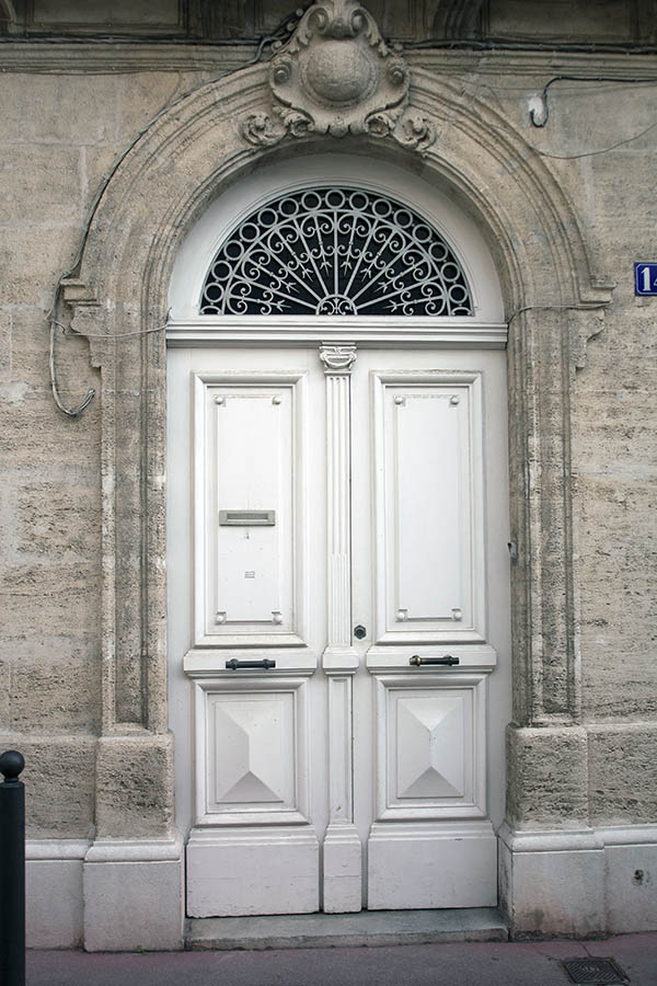 Photo 02188: Panelled, white double door with latticed fan light