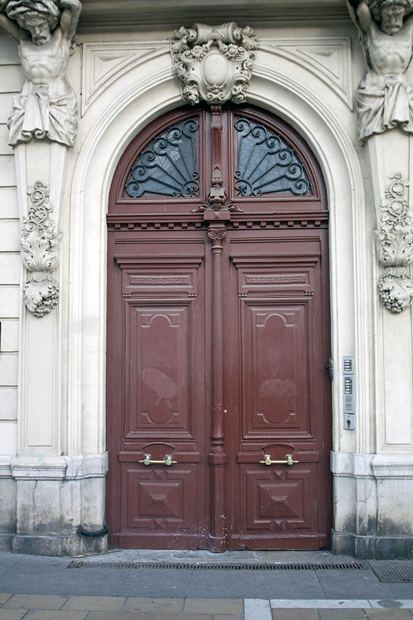 Photo 02206: Panelled, red-brown double door with fan light