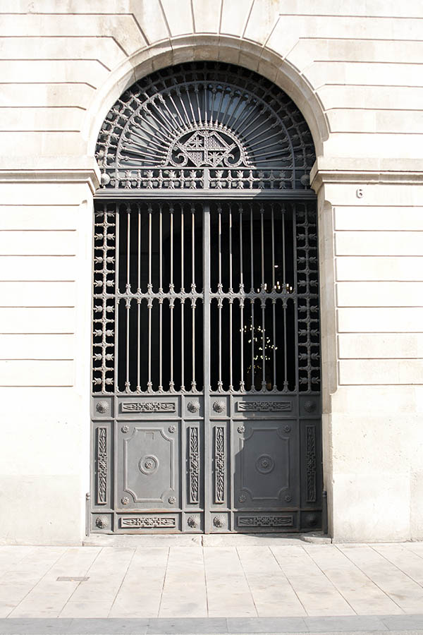 Photo 02382: Large, formed, grey cast iron gate