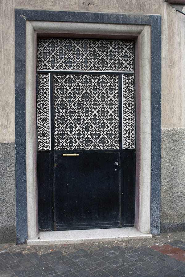 Photo 02694: Black metal door with sidepieces and top window, with decorated lattice