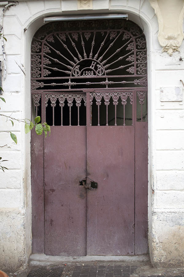 Photo 02789: Brown metal double door with lattice on top