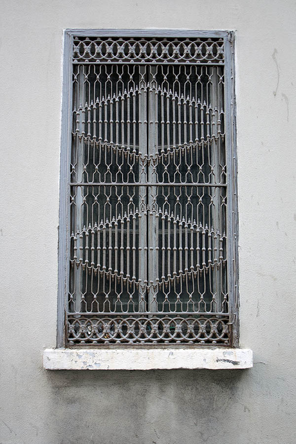Photo 03106: Grey window with two frames and heavily decorated latticework
