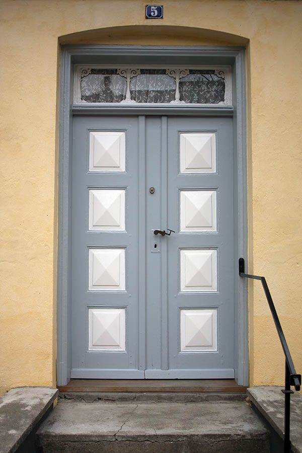 Photo 03992: Panelled, grey and white double door and top window