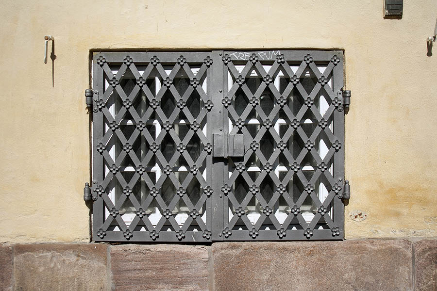 Photo 04291: Heavily latticed, white window with two frames
