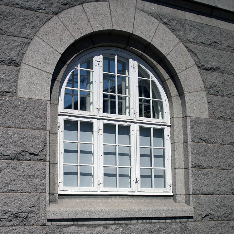 Photo 04324: Large, formed, white window with six frames and 34 panes