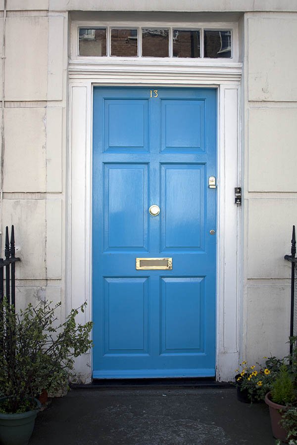 Photo 04423: Panelled, light blue door with top window