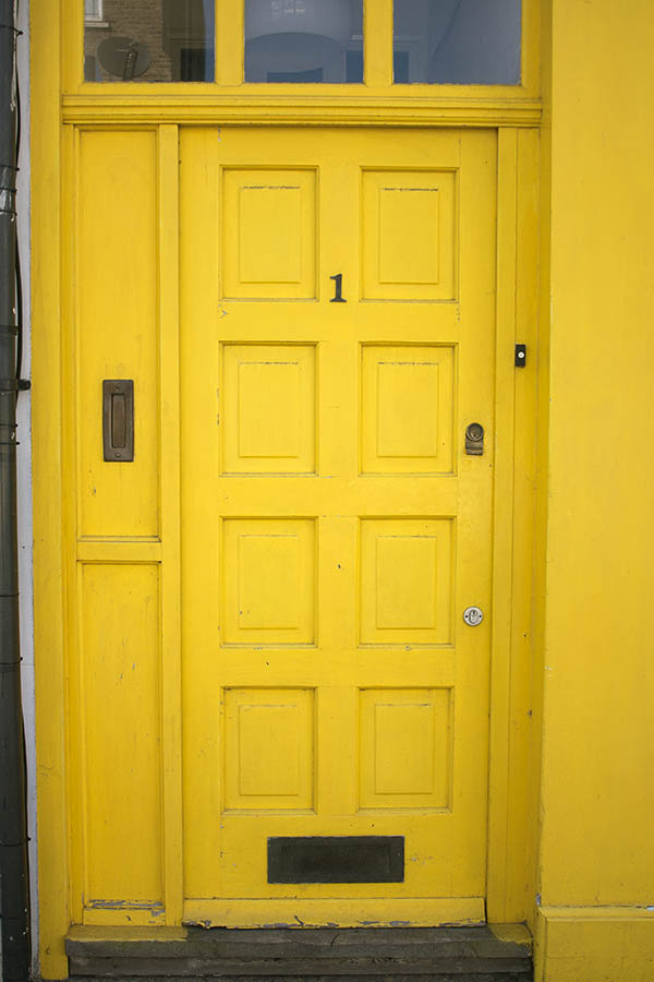 Photo 04431: Panelled, yellow door with sidepiece and top window
