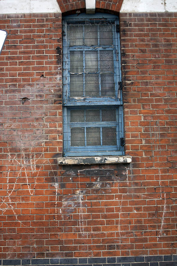Photo 05114: Large, pale light blue sash window with lattice