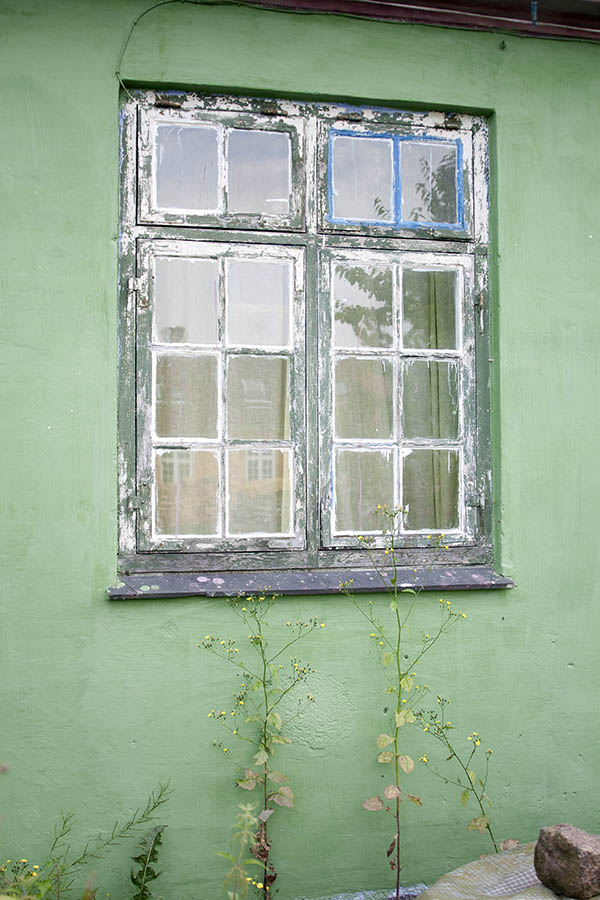 Photo 06252: Worn, green window with four frames and 16 panes