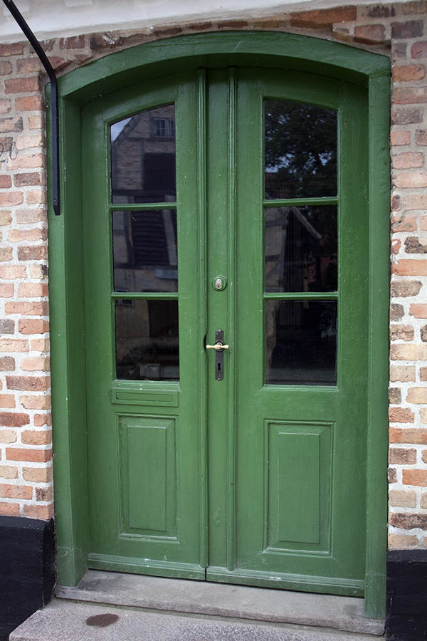 Photo 07346: Formed, panelled, green double door with door lights