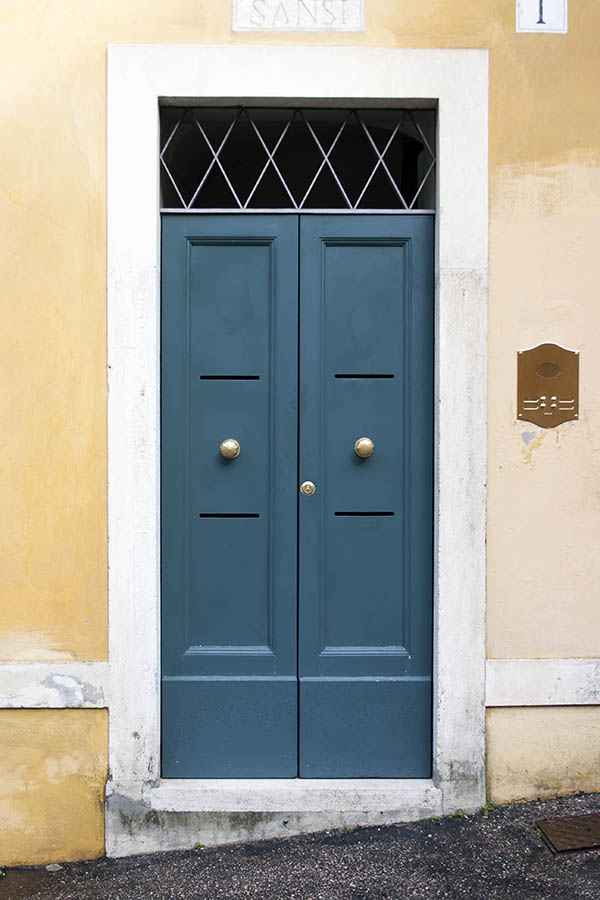 Photo 07903: Panelled, teal double door with latticed top window
