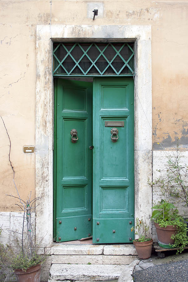 Photo 07904: Panelled, green double door with latticed top window
