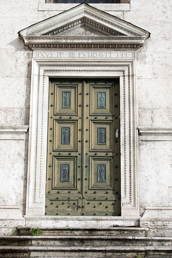 Photo 08047: Large, panelled, brown metal double door with pilaster