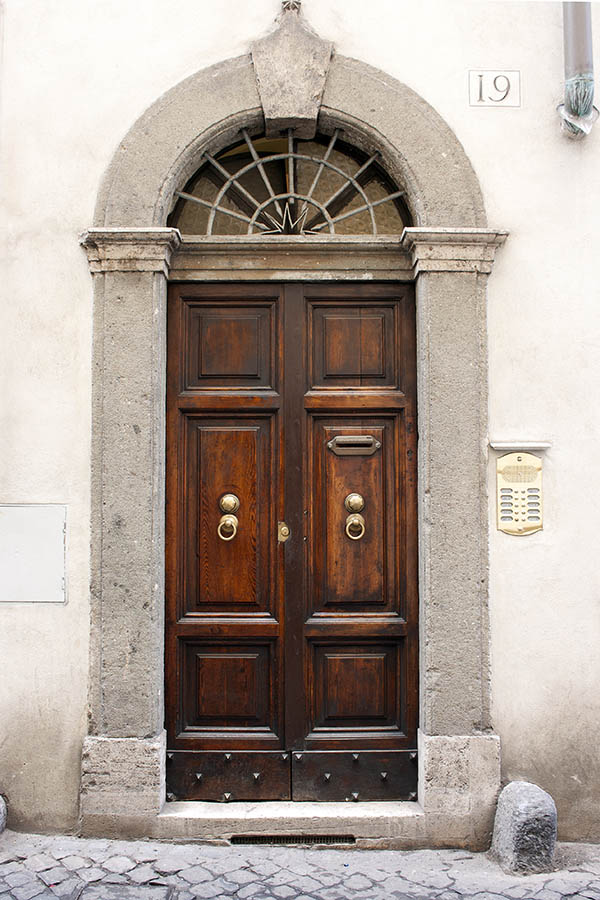 Photo 08066: Panelled, oiled double doors with latticed top window and pilaster