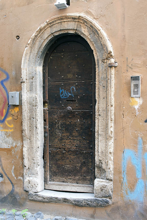 Photo 08116: Decayed, formed, unpainted door made of planks with pilaster