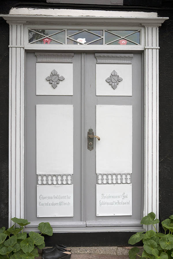 Photo 08323: Panelled, carved, grey and white double door with top window