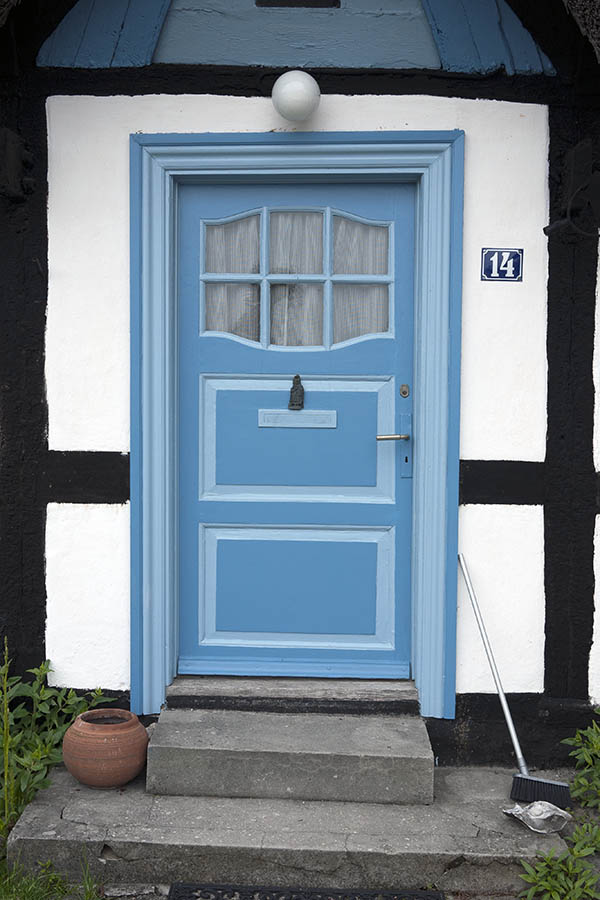 Photo 08370: Panelled, light blue and blue door with formed door light