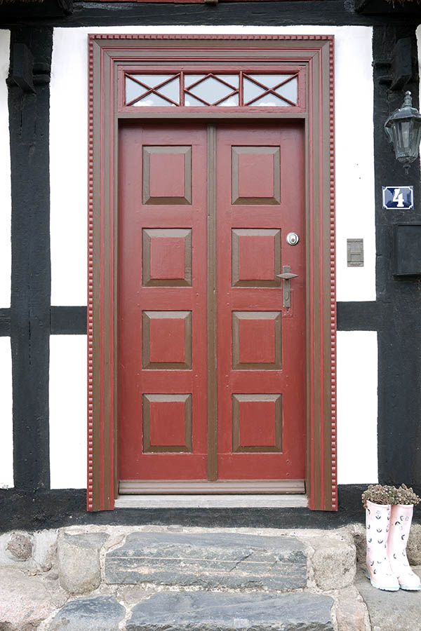 Photo 08372: Carved, panelled, red and brown door with top window