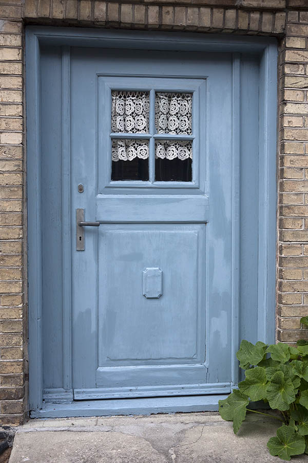 Photo 08467: Panelled, light blue door with door light