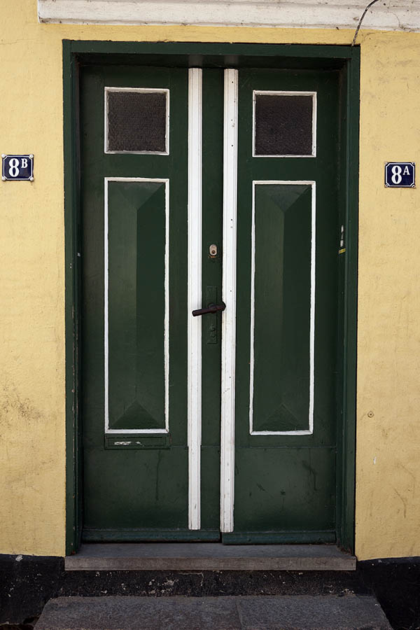 Photo 08627: Panelled, green and white double door with door lights 
