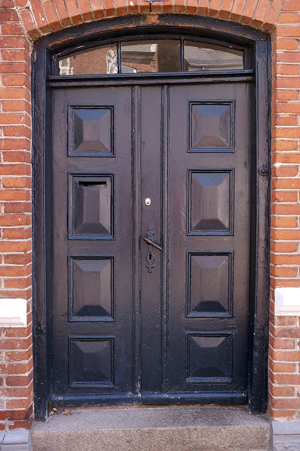 Photo 08654: Formed, worn, panelled, blue double door with fan light