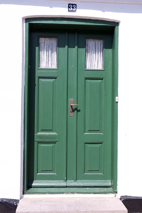 Photo 08677: Panelled, green double door with door lights