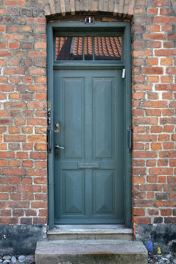 Photo 08760: Worn, panelled, teal door with top window