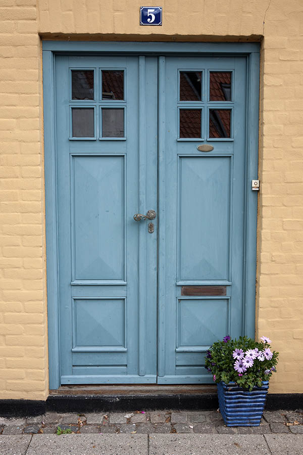 Photo 08793: Panelled, light blue double door with door lights