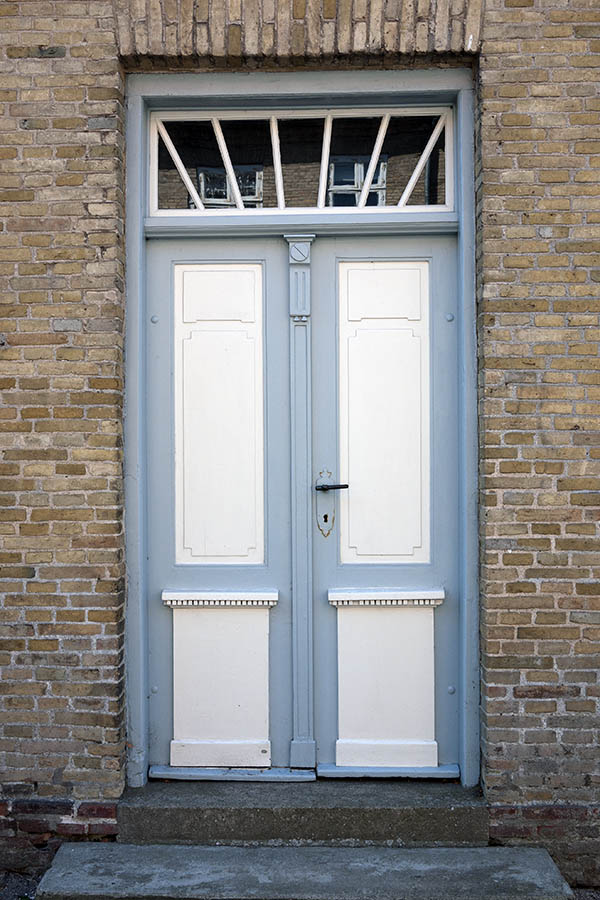 Photo 08962: Carved, panelled, white and light blue double door with top window
