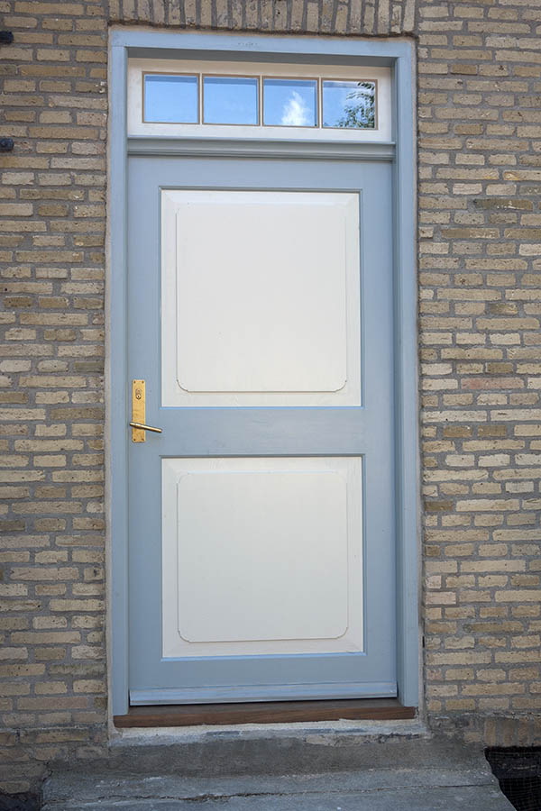 Photo 08977: Panelled, white and light blue door with top window