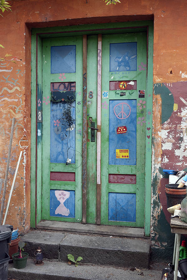 Photo 09072: Worn, colourful, green, blue and red double door