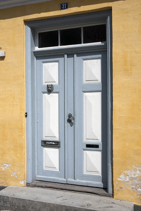 Photo 09178: Panelled, white and grey double door with top window