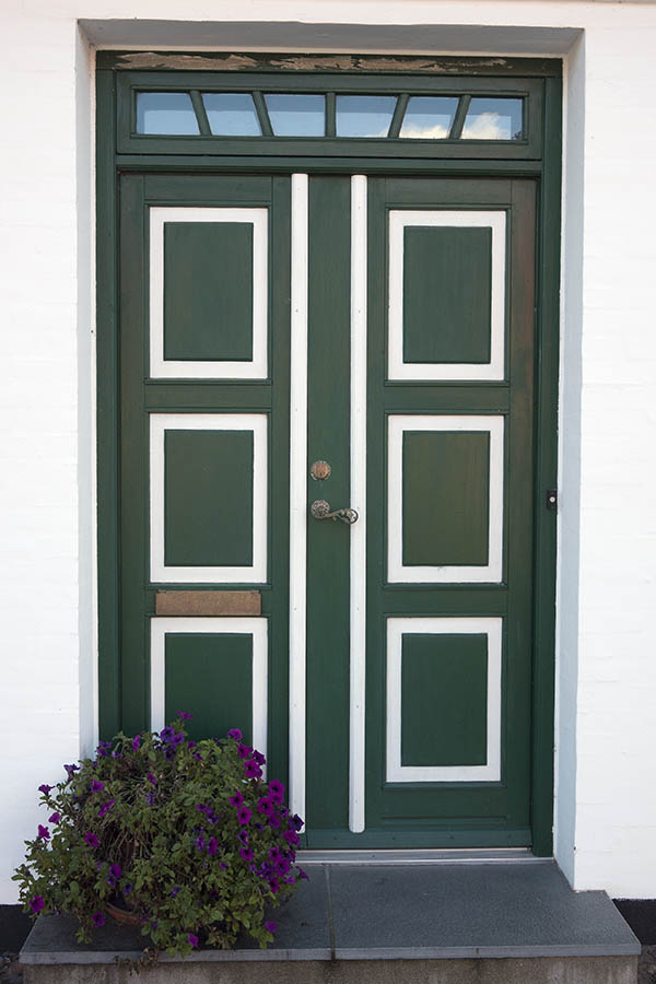 Photo 09321: Panelled, green and white double door with top window