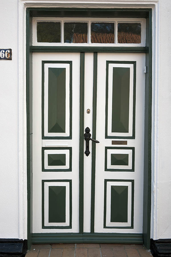 Photo 09518: Panelled, green and white double door with top window