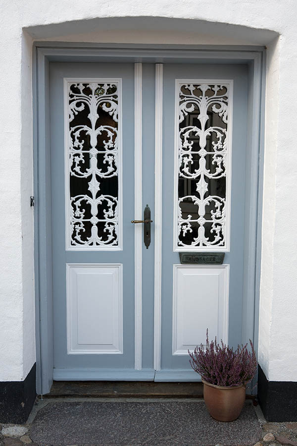 Photo 09562: Panelled, grey and white double door with door lights