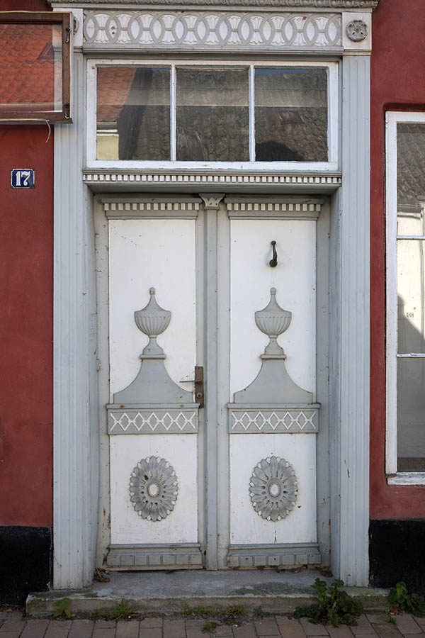 Photo 09581: Carved, grey and white double door with top window
