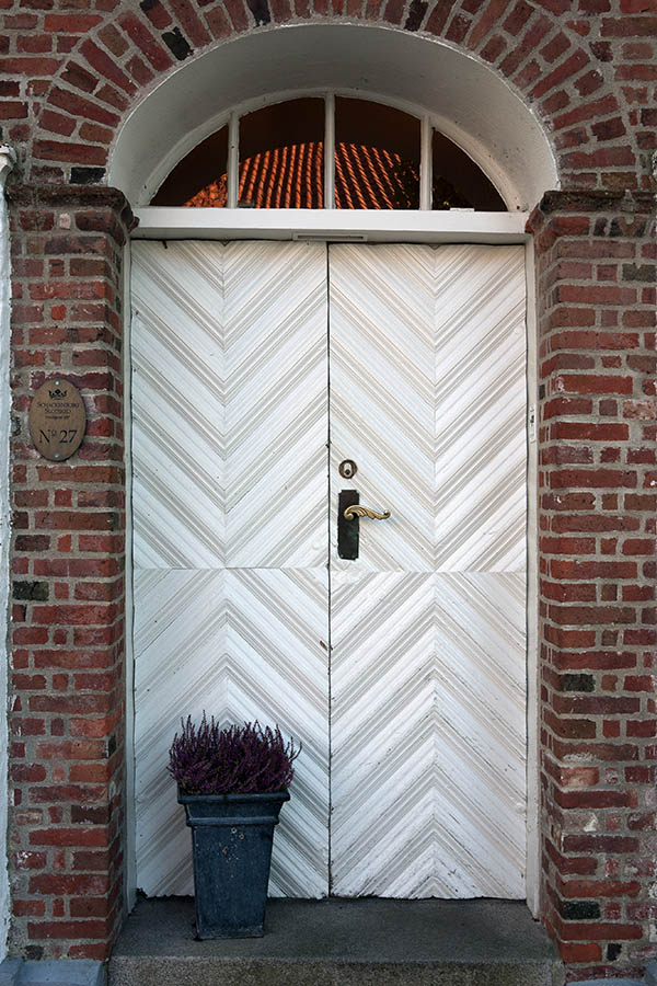 Photo 09592: White double door with diagonally mounted boards and fan light