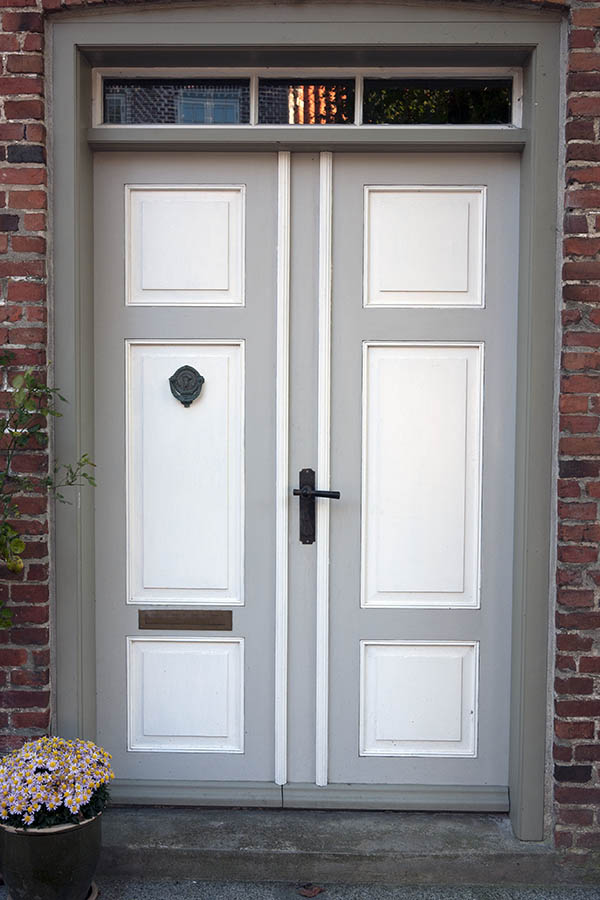 Photo 09604: Panelled, grey and white double door with top window