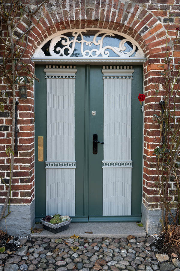 Photo 09621: Carved, green, grey and white double door with fan light