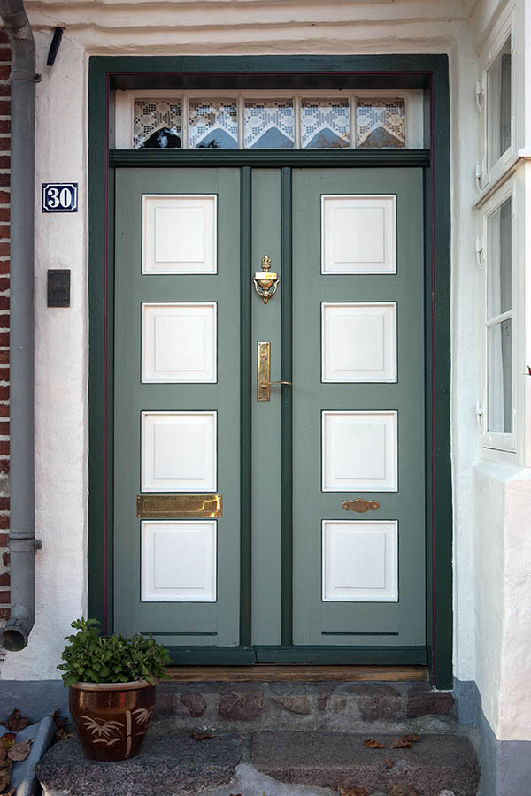 Photo 09634: Panelled, green, light green and white double door with top window