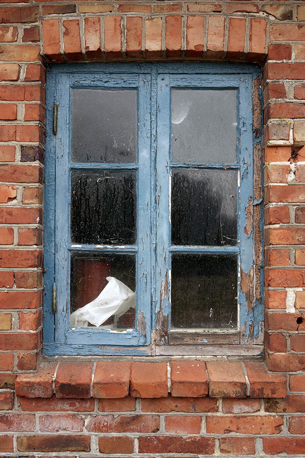 Photo 09657: Decayed, blue window with two frames and six panes