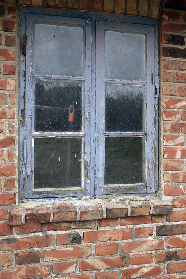Photo 09664: Decayed, light blue window with two frames and six panes