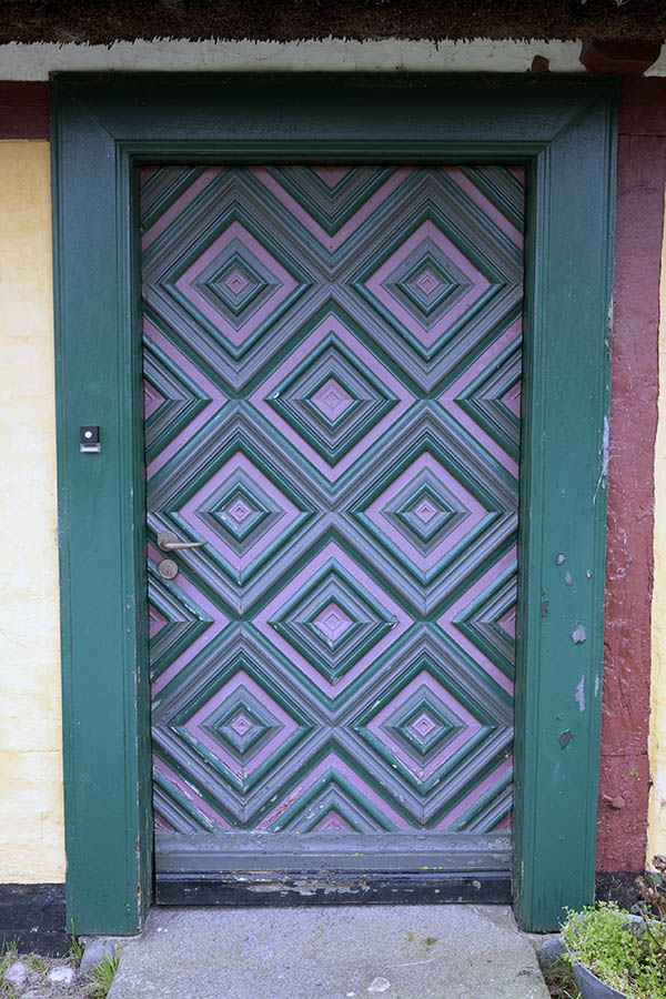 Photo 09724: Green and purple door in a diamond-shaped pattern