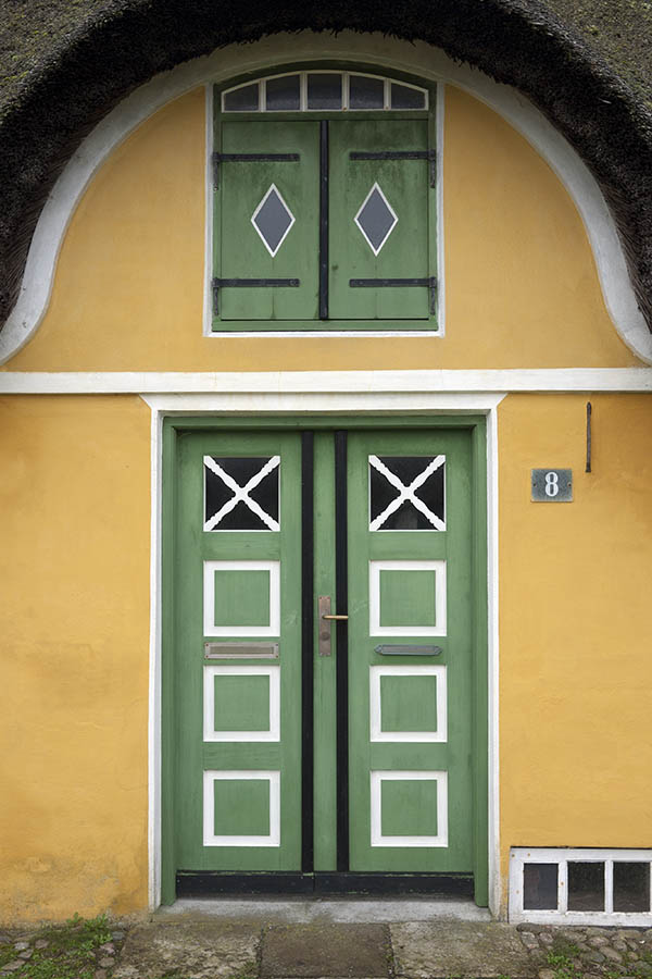 Photo 09732: Panelled, light green, black and white double door with door lights