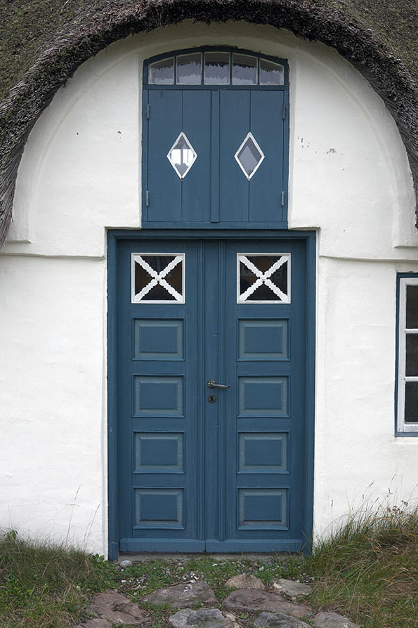 Photo 09736: Panelled, light blue, blue and white double door with door lights