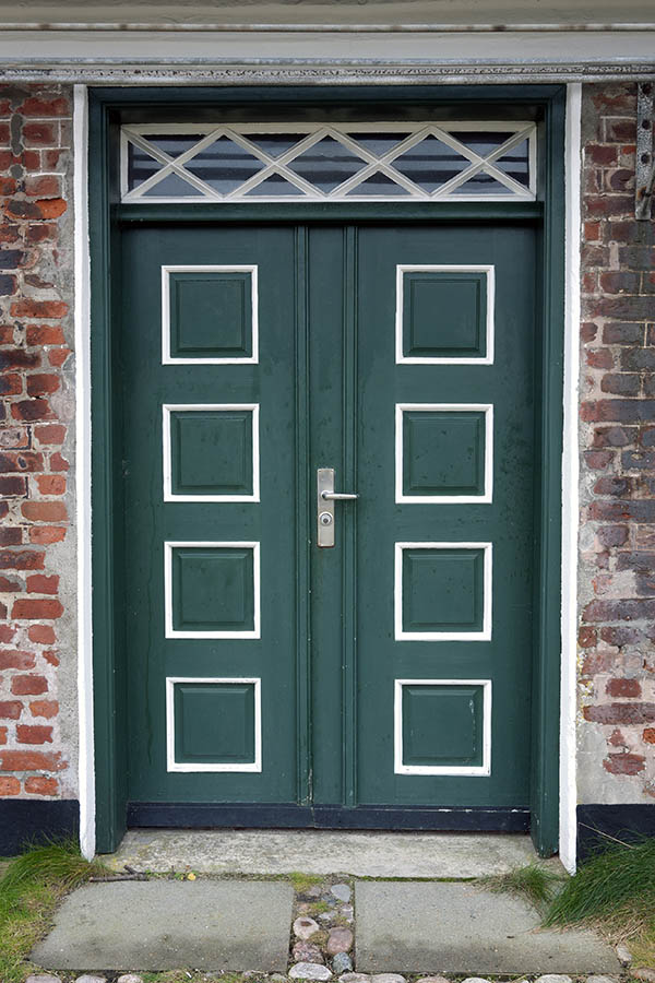 Photo 09750: Panelled, green and white double door with top window